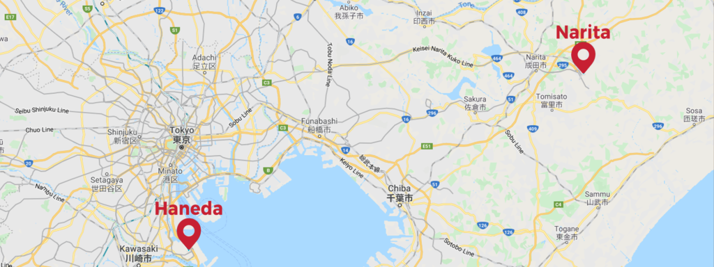 New Tokyo International Airport and Tokyo International Airport on a map.